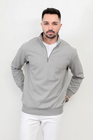 Erkek Dik Yaka Yarım Fermuarlı Dokulu Sweatshirt Açık Gri - 5470