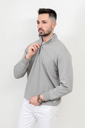 Erkek Dik Yaka Yarım Fermuarlı Dokulu Sweatshirt Açık Gri - 5470