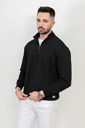 Erkek Dik Yaka Yarım Fermuarlı Dokulu Sweatshirt Siyah - 5470
