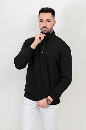 Erkek Dik Yaka Yarım Fermuarlı Dokulu Sweatshirt Siyah - 5470