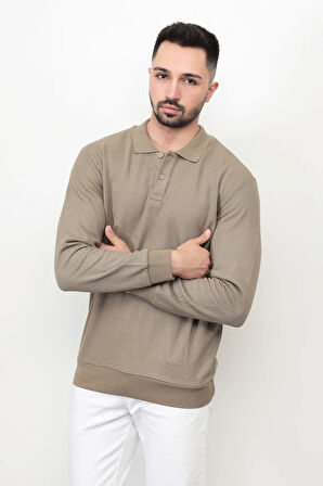 Açık Haki Erkek Polo Yaka Sweatshirt Selanik Örgü Pamuk Karışım Ribanalı Düğme Kapama - 5739