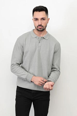 Gri Erkek Polo Yaka Sweatshirt Selanik Örgü Pamuk Karışım Ribanalı Düğme Kapama - 5739