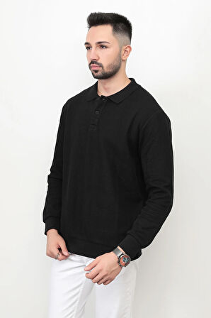 Siyah Erkek Polo Yaka Sweatshirt Selanik Örgü Pamuk Karışım Ribanalı Düğme Kapama - 5739