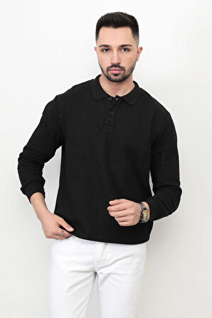 Siyah Erkek Polo Yaka Sweatshirt Selanik Örgü Pamuk Karışım Ribanalı Düğme Kapama - 5739