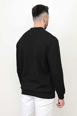 Siyah Erkek Polo Yaka Sweatshirt Selanik Örgü Pamuk Karışım Ribanalı Düğme Kapama - 5739