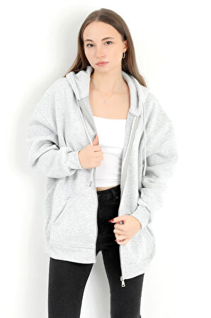 Kadın Karmelanj Fermuarlı Şardonlu Kapüşonlu Oversize Sweatshirt - 9015