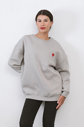 Kadın Kalp Nakışlı Oversize Sweat - 9001