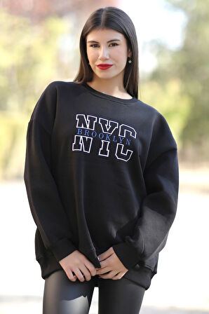 Kadın Oversize Sweatshirt Siyah NYC Brooklyn Nakışlı Bisiklet Yaka Ribanalı - 9004