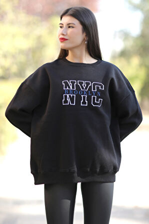 Kadın Oversize Sweatshirt Siyah NYC Brooklyn Nakışlı Bisiklet Yaka Ribanalı - 9004