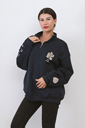 Kadın Oversize Sweatshirt Lacivert Yarım Fermuar Dik Yaka Nakışlı Tasarım Pamuk Karışımlı - 9009