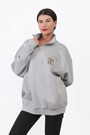 Kadın Oversize Gri Sweatshirt Çift Kedi Nakışlı Dik Yaka Yarım Fermuar Ribanalı Pamuk Karışımlı - 10003