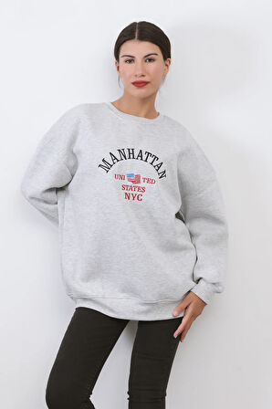 Kadın Oversize Sweatshirt Bisiklet Yaka Ribanalı Manhattan Nakışlı Kar Melanj - 9000