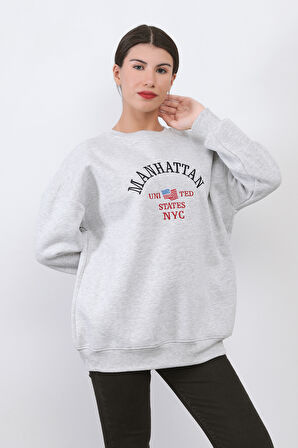 Kadın Oversize Sweatshirt Bisiklet Yaka Ribanalı Manhattan Nakışlı Kar Melanj - 9000