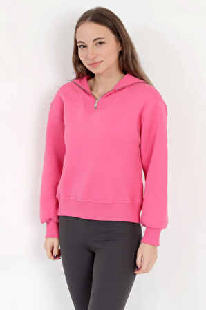 Kadın Pembe Pamuklu Yarım Fermuarlı 3 İp Şardonlu Sweatshirt - 2512