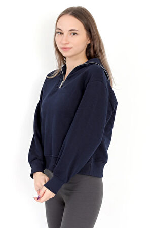 Kadın Lacivert Pamuklu Yarım Fermuarlı 3 İp Şardonlu Sweatshirt - 2512