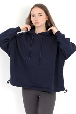 Kadın Bej Kapüşonlu Şardonlu 3 İp Eteği Stoperli Ribanalı Oversize Sweatshirt Hoodie - 5085