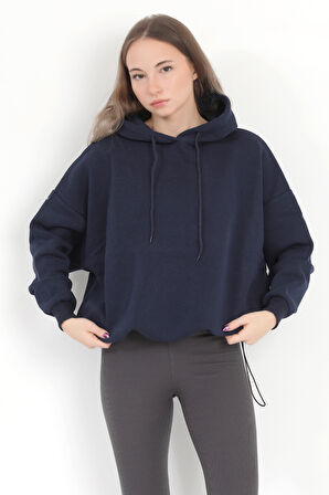 Kadın Bej Kapüşonlu Şardonlu 3 İp Eteği Stoperli Ribanalı Oversize Sweatshirt Hoodie - 5085