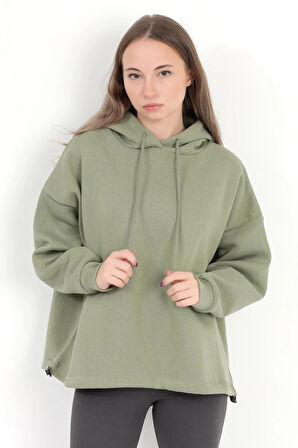 Kadın Yeşil Kapüşonlu Şardonlu 3 İp Eteği Stoperli Ribanalı Oversize Sweatshirt Hoodie - 5085