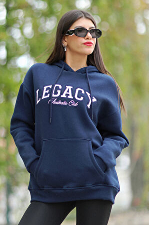 Kadın Lacivert Legacy Nakışlı Oversize Kapüşonlu Kanguru Cep Şardonlu 3İp Sweat - 2535