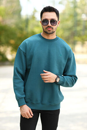 Erkek Oversize Sweatshirt Petrol Mavi Bisiklet Yaka JB Nakışlı 3İp Şardonlu Pamuk Karışımlı - 5405