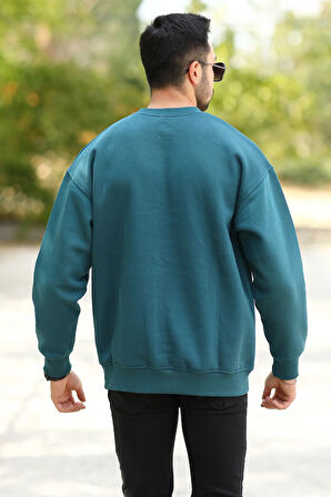 Erkek Oversize Sweatshirt Petrol Mavi Bisiklet Yaka JB Nakışlı 3İp Şardonlu Pamuk Karışımlı - 5405