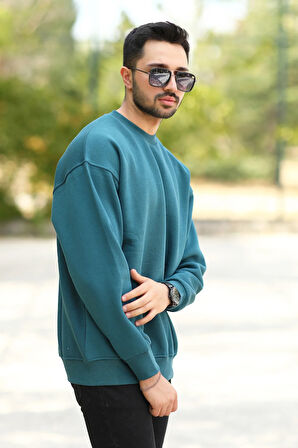 Erkek Oversize Sweatshirt Petrol Mavi Bisiklet Yaka JB Nakışlı 3İp Şardonlu Pamuk Karışımlı - 5405