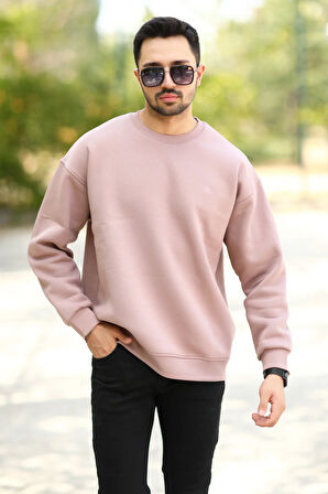 Erkek Oversize Sweatshirt Pembe Bisiklet Yaka JB Nakışlı 3İp Şardonlu Pamuk Karışımlı - 5405