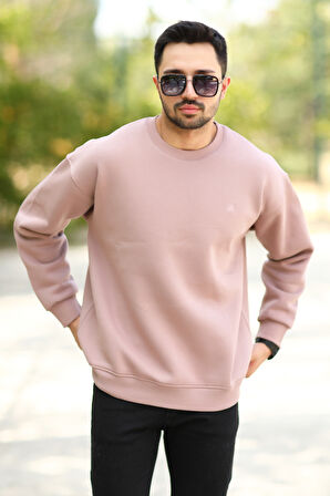 Erkek Oversize Sweatshirt Pembe Bisiklet Yaka JB Nakışlı 3İp Şardonlu Pamuk Karışımlı - 5405