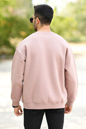 Erkek Oversize Sweatshirt Pembe Bisiklet Yaka JB Nakışlı 3İp Şardonlu Pamuk Karışımlı - 5405