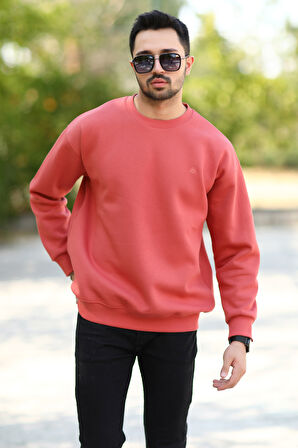 Erkek Oversize Sweatshirt Kiremit Bisiklet Yaka JB Nakışlı 3İp Şardonlu Pamuk Karışımlı - 5405