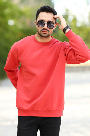 Erkek Oversize Sweatshirt Neon Kırmızı Bisiklet Yaka JB Nakışlı 3İp Şardonlu Pamuk Karışımlı - 5405