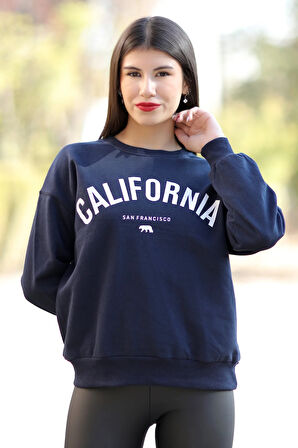 Kadın Lacivert Bisiklet Yaka California Baskılı Sweatshirt - 2583