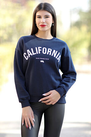 Kadın Lacivert Bisiklet Yaka California Baskılı Sweatshirt - 2583