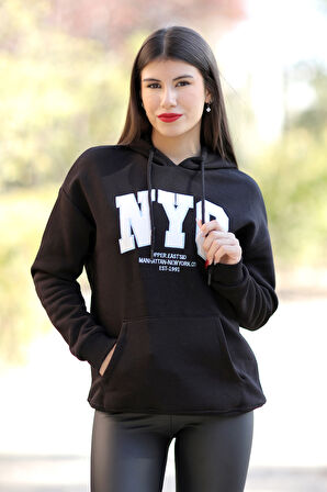 Kadın Siyah NYC Nakışlı Kapüşonlu 3İp Sweatshirt - 25161