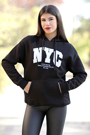 Kadın Siyah NYC Nakışlı Kapüşonlu 3İp Sweatshirt - 25161