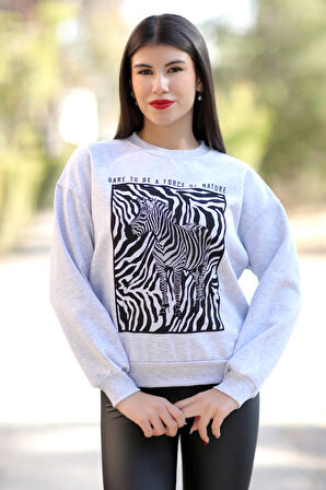 Kadın Kar Melanj Bisiklet Yaka Zebra Baskılı Sweatshirt - 2580