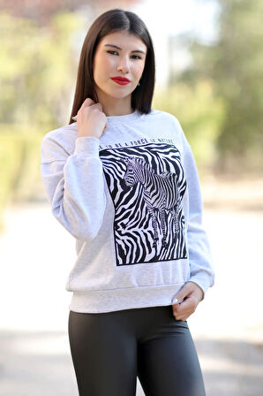 Kadın Kar Melanj Bisiklet Yaka Zebra Baskılı Sweatshirt - 2580