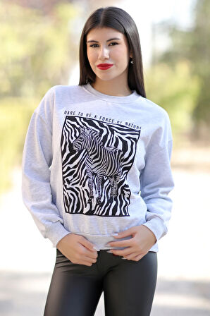 Kadın Kar Melanj Bisiklet Yaka Zebra Baskılı Sweatshirt - 2580