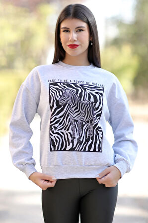 Kadın Kar Melanj Bisiklet Yaka Zebra Baskılı Sweatshirt - 2580