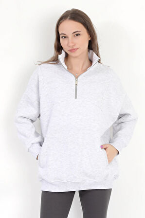 Kadın Karmelanj Dik Yaka Yarım Fermuarlı Cep Detaylı Oversize Sweatshirt - 2542