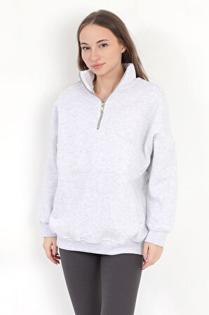 Kadın Karmelanj Dik Yaka Yarım Fermuarlı Cep Detaylı Oversize Sweatshirt - 2542