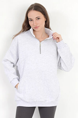 Kadın Karmelanj Dik Yaka Yarım Fermuarlı Cep Detaylı Oversize Sweatshirt - 2542