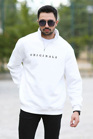 Erkek Oversize Sweatshirt Beyaz Yarım Fermuarlı Dik Yaka Pamuk Karışım Ribanalı - 10012