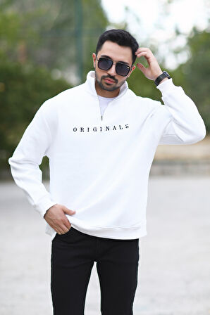 Erkek Oversize Sweatshirt Beyaz Yarım Fermuarlı Dik Yaka Pamuk Karışım Ribanalı - 10012