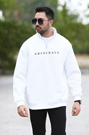 Erkek Oversize Sweatshirt Beyaz Yarım Fermuarlı Dik Yaka Pamuk Karışım Ribanalı - 10012