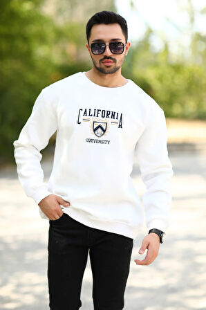 Erkek Bisiklet Yaka Sweatshirt Beyaz California Nakışlı 3 İplik Ribanalı - 10023