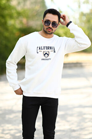 Erkek Bisiklet Yaka Sweatshirt Beyaz California Nakışlı 3 İplik Ribanalı - 10023