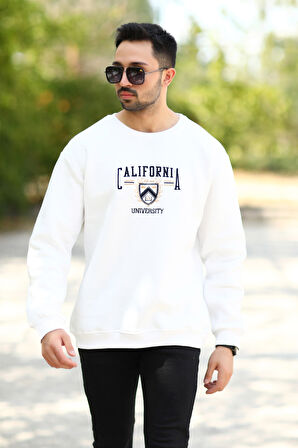 Erkek Bisiklet Yaka Sweatshirt Beyaz California Nakışlı 3 İplik Ribanalı - 10023