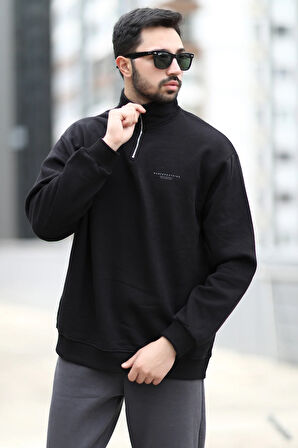 Erkek Oversize Sweatshirt Siyah Dik Yaka Yarım Fermuar Baskılı 3 İplik Şardonlu - 10010