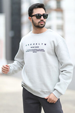 Erkek Kışlık Oversize Sweatshirt Açık Gri O Yaka Ribanlı 3 İp Şardonlu Nakışlı - 10022